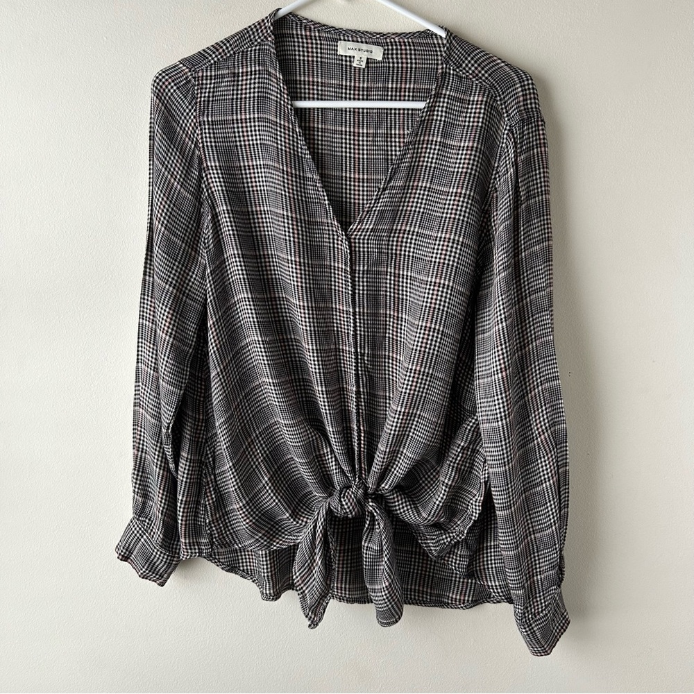 5 FOR $25 | Max Studio Long Sleeve Oversized Blouse Top Houndstooth Black Pink S